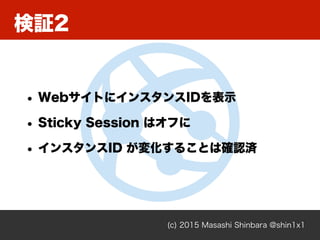 検証2
(c) 2015 Masashi Shinbara @shin1x1
• WebサイトにインスタンスIDを表示
• Sticky Session はオフに
• インスタンスID が変化することは確認済
 