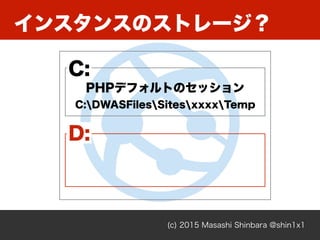 (c) 2015 Masashi Shinbara @shin1x1
C:
D:
PHPデフォルトのセッション
C:DWASFilesSitesxxxxTemp
インスタンスのストレージ？
 