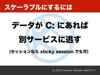 スケーラブルにするには
(c) 2015 Masashi Shinbara @shin1x1
データが C: にあれば
別サービスに逃す
(セッションなら sticky session でも可）
 