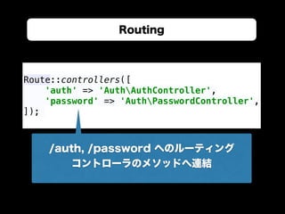 Routing
Route::controllers([ 
'auth' => 'AuthAuthController', 
'password' => 'AuthPasswordController', 
]);
/auth, /password へのルーティング
コントローラのメソッドへ連結
 