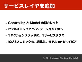 サービスレイヤを追加
(c) 2015 Masashi Shinbara @shin1x1
• Controller と Model の間のレイヤ
• ビジネスロジックとバリデーションを担う
• 1アクションメソッドに、1サービスクラス
• ビジネスロジックの共通化は、モデル or ビヘイビア
 