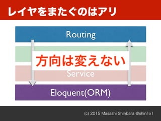 レイヤをまたぐのはアリ
(c) 2015 Masashi Shinbara @shin1x1
Routing
Controller
Eloquent(ORM)
Service
方向は変えない
 