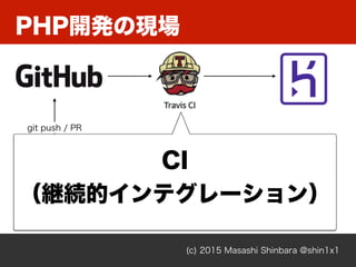PHP開発の現場
(c) 2015 Masashi Shinbara @shin1x1
git push / PR
図図 - エンジニアエンジニア
CI
（継続的インテグレーション）
 