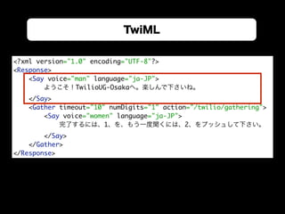 TwiML
<?xml version="1.0" encoding="UTF-8"?> 
<Response> 
<Say voice="man" language="ja-JP">
ようこそ！TwilioUG-Osakaへ。楽しんで下さいね...
