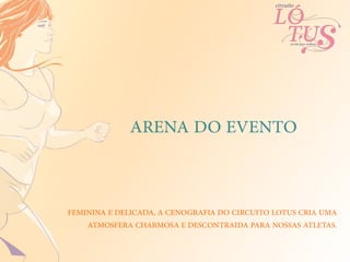 ARENA DO EVENTO


FEMININA E DELICADA, A CENOGRAFIA DO CIRCUITO LOTUS CRIA UMA
    ATMOSFERA CHARMOSA E DESCONTRAIDA PARA NOSSAS ATLETAS.
 