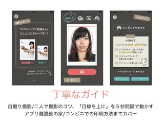 丁寧なガイド
自撮り撮影/二人で撮影のコツ、「目線を上に」を５秒間隔で動かす
アプリ離脱後の家/コンビニでの印刷方法までカバー
 