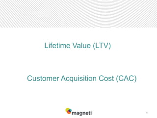 4
Lifetime Value (LTV)
Customer Acquisition Cost (CAC)
 