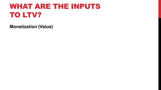 WHAT ARE THE INPUTS
TO LTV?
Monetization (Value)

 