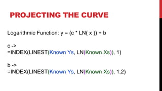 PROJECTING THE CURVE
Logarithmic Function: y = (c * LN( x )) + b

c ->
=INDEX(LINEST(Known Ys, LN(Known Xs)), 1)
b ->
=INDEX(LINEST(Known Ys, LN(Known Xs)), 1,2)

 