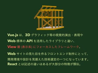 Vue.js ϡ3D եåȤҕҙݳ?F
Web ˜ʤ API ?饤֥`
View  (?ϵ) ˥ե`ե``
Web Ȥ??եȥˤȤäơ
_khOӋ?ݤgx?ĤˤʤäƤޤ
React Ȥӛ`Ϥ뤬?֤؏դơ
 