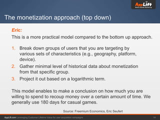 AppLift.com 14Leveraging Customer Lifetime Value for user acquisition campaigns
The monetization approach (top down)
Source: Freemium Economics, Eric Seufert
Eric:
This is a more practical model compared to the bottom up approach.
1. Break down groups of users that you are targeting by
various sets of characteristics (e.g., geography, platform,
device).
2. Gather minimal level of historical data about monetization
from that specific group.
3. Project it out based on a logarithmic term.
This model enables to make a conclusion on how much you are
willing to spend to recoup money over a certain amount of time. We
generally use 180 days for casual games.
 