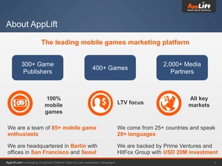 AppLift.com 2Leveraging Customer Lifetime Value for user acquisition campaigns
About AppLift
300+ Game
Publishers
The leading mobile games marketing platform
400+ Games
2,000+ Media
Partners
We are a team of 85+ mobile game
enthusiasts
We are headquartered in Berlin with
offices in San Francisco and Seoul
We come from 25+ countries and speak
20+ languages
We are backed by Prime Ventures and
HitFox Group with USD 20M investment
100%
mobile
games
LTV focus
All key
markets
 