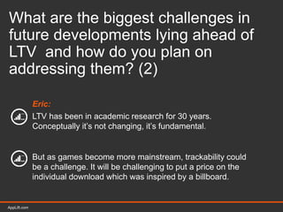 AppLift.com 43AppLift.com
What are the biggest challenges in
future developments lying ahead of
LTV and how do you plan on
addressing them? (2)
Eric:
LTV has been in academic research for 30 years.
Conceptually it’s not changing, it’s fundamental.
But as games become more mainstream, trackability could
be a challenge. It will be challenging to put a price on the
individual download which was inspired by a billboard.
 