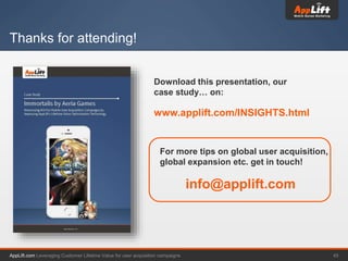 AppLift.com 45Leveraging Customer Lifetime Value for user acquisition campaigns
Thanks for attending!
Download this presentation, our
case study… on:
www.applift.com/INSIGHTS.html
For more tips on global user acquisition,
global expansion etc. get in touch!
info@applift.com
 