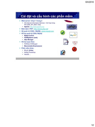 8/4/2010




  Cài đặt và cấu hình các phần mềm
 Web server: Chọn 1 trong 2
    IIS (Internet Information Service) – tích hợp trong
     Win 2000, XP, 2003, Vista.
    Apache: http://www.apache.org
 Biên dịch: PHP: http://www.php.net
 Hệ quản trị CSDL: MySQL www.mysql.com
 Hỗ trợ quản lý CSDL MySql
    MySql Control
    PHPMyAdmin (web)
    SQL Manager
 Hỗ trợ soạn thảo:
    PHPEdit, PHPExpert
    Macromedia Dreamweaver
 Phần mềm khác:
    Bộ gõ: Unikey
    Adobe Photoshop
    Xara3D …




                                                                12
 