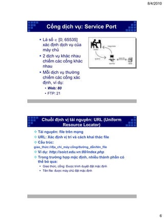 8/4/2010




        Cổng dịch vụ: Service Port

    Là số  [0; 65535]
     xác định dịch vụ của
     máy chủ
    2 dịch vụ khác nhau
     chiếm các cổng khác
     nhau
    Mỗi dịch vụ thường
     chiếm các cổng xác
     định, ví dụ:
       • Web: 80
       • FTP: 21




     Chuỗi định vị tài nguyên: URL (Uniform
               Resource Locator)
 Tài nguyên: file trên mạng
 URL: Xác định vị trí và cách khai thác file
 Cấu trúc:
giao_thức://địa_chỉ_máy:cổng/đường_dẫn/tên_file
 Ví dụ: http://soict.edu.vn:80/index.php
 Trong trường hợp mặc định, nhiều thành phần có
  thể bỏ qua:
    Giao thức, cổng: Được trình duyệt đặt mặc định
    Tên file: được máy chủ đặt mặc định




                                                            6
 