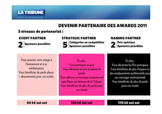 DEVENIR PARTENAIRE DES AWARDS 2011
3 niveaux de partenariat :
EVENT PARTNER                      STRATEGIC PARTNER                        NAMING PARTNER

2                                   5                                       2
                                          Catégories en compétition               Prix spéciaux
     Sponsors possibles
                                          Sponsors possibles                      Sponsors possibles



  Vous associez votre image à                    En plus :                                En plus :
     l’événement et à sa                  Vous participez au jury             Vous décernez les Prix principaux
         médiatisation              Vous décernez un prix et prenez la       Vous bénéficiez de plus d’espace et
Vous bénéficiez de packs places                   parole                    des emplacements préférentiels pour
+ abonnements pour vos invités    Vous délivrez un message institutionnel       vos messages institutionnels
                                   spécifique aux lecteurs de la Tribune      Vous bénéficiez de plus de packs
                                  Vous bénéficiez de plus de packs pour               pour vos invités
                                                vos invités


       60 k€ net net                       120 k€ net net                          170 k€ net net
 