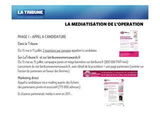LA MEDIATISATION DE L’OPERATION

PHASE 1 – APPEL A CANDIDATURE
Dans la Tribune
Du 15 mai à 15 juillet, 2 insertions par semaine appelant à candidater.
Sur LaTribune.fr et sur latribunewomensawards.fr
Du 15 mai au 15 juillet, campagne pavés et méga bannières sur latribune.fr (800 000 PAP mini)
Lancement du site latribunewomensawards.fr, avec détail de la procédure + une page partenaire (centrée sur
l’action du partenaire en faveur des femmes)
Marketing direct
Appel à candidature via e-mailing auprès des fichiers
des partenaires privés et associatif (775 000 adresses)
Et d’autres partenariats média à venir en 2011…
 