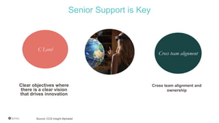 Clear objectives where
there is a clear vision
that drives innovation
C Level
Cross team alignment and
ownership
Cross team alignment
Senior Support is Key
Source: CCS Inisght Alphabet
 