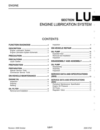 ENGINE

SECTION

LU

ENGINE LUBRICATION SYSTEM

A

LU

C

D

E

CONTENTS

F

FUNCTION DIAGNOSIS .............................. 2
.

Inspection ................................................................ 9
.

DESCRIPTION ................................................... 2
.

ON-VEHICLE REPAIR ................................ 10
.

Engine Lubrication System ..................................... 2
.
Engine Lubrication System Schematic ..................... 2
.

OIL PUMP ......................................................... 10

G

Exploded View ........................................................10
.
Removal and Installation ........................................10
.
Inspection ...............................................................10
.

H

PRECAUTION .............................................. 3
.
PRECAUTIONS .................................................. 3
.
Liquid Gasket .......................................................... 3
.

DISASSEMBLY AND ASSEMBLY ............. 11
.

PREPARATION ........................................... 4
.

OIL PUMP ......................................................... 11

I

PREPARATION .................................................. 4
.

Disassembly ...........................................................11
.
Assembly ................................................................11
.
Inspection ...............................................................11
.

J

SERVICE DATA AND SPECIFICATIONS
(SDS) ........................................................... 13
.

K

Special Service Tools ............................................. 4
.
Commercial Service Tools ...................................... 4
.

ON-VEHICLE MAINTENANCE .................... 6
.
ENGINE OIL ....................................................... 6
.
Inspection ................................................................. 6
.
Draining .................................................................... 7
.
Refilling .................................................................... 8
.

SERVICE DATA AND SPECIFICATIONS
(SDS) ................................................................. 13

OIL FILTER ........................................................ 9
.
Removal and Installation .......................................... 9
.

Periodical Maintenance Specification ...................13
.
Engine Oil Pressure ..............................................13
.
Oil Pump ................................................................13
.
Regulator Valve .....................................................13
.

L

M

N

O

P

Revision: 2008 October

LU-1

2009 370Z

 