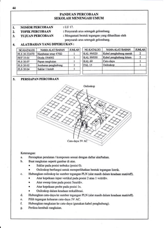 44
PANDUAN PERCOBAAN
SEKOLAH MENENGAH I]MUM
1.
2.
3.
NOMOR PERCOEAAN
TOPIK PERCOBAAN
TUJUAN PERCOBAAN
:LU 17.
: Penyearah arurs setengah gelombang.
: Mengamati bentuk tegangan yang dihasilkan oleh
penyearah arus setengah gelombang.
4.
PERSIAPAN PERCOBAAN
Keterangan:
a. Persiapkan peralatan / komponen sesuai dengan daftar alat/bahan.
b. Buat rangkaian seperti gambar di atas.
d.
e.
f.
ob'
o Saklar pada posisi terbuka (posisi 0).
o Osiloskop berfungsi untuk memperlihatkan bentuk tegangan listrik.
Hubungkan osiloskop ke sumbe,r tegangan PLN (alat masih dalam keadaan rnatiloff).
r Atur kepekaan input vertikal pada posisi 2 atav I volt/div.
o Atur sweep time pada posisi Sms/div.
o Atur kepekaan probe pada posisi 1x.
o Osiloskop dalarn keadaan terkalibrasi.
Hubungkan catu-daya ke sumber tegangan PLN (alat masih dalam keadaan mati/off).
Pilih tegangan keluaran catu-daya 3V AC.
Hubungkan rangkaian ke catu-daya (gunakan kabel penghubung).
Periksa kembali rangkaian.
ALAT/BAHAN YANG DIPERLUKAN :
}IO.KATAI..OG N{IVIAAIAUBAHAN JUMI.AT{
Ft-s20.221470 Hambatan tetap 470Q 1
FET 23.01 Dioda 1N4002 1
FLS 20.07 Panan ranskaian 1
FLS 20.02 Jembatan penghubunq 2
FLS 20.04 Saklar I kutub 1
l.{O.KATALOG }IIMAAtA[/BAIIAN JT.IMT"AH
KAL99tO20 Kabel oenehubuns merah 2
KAL 99/030 Kabel oenehubuns hitam 2
KAL 60 Cat{r-daya I
FAL 15 Osiloskoo I
,,G---
ffi
ffi
 