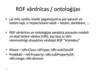 13
RDF vārdnīcas / ontoloģijas
• Lai mēs varētu izteikt apgalvojumus par pasauli un
lietām tajā, ir nepieciešami vārdi – lietām, darbībām, ...
• RDF vārdnīcas un ontoloģijas apraksta pasaules modeli
un dod lietām vārdus (URI), kas ļauj uz tām
viennozīmīgi atsaukties veidojot RDF “trijniekus”
• Klases – rdfs:Class; rdf:type; rdfs:subClassOf
• Predikāti – rdf:Property; rdfs:subPropertyOf;
rdfs:range; rdfs:domain
 