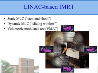 LINAC-based IMRT
• Static MLC (“step-and-shoot”)
• Dynamic MLC (“sliding window”)
• Volumetric modulated arc (VMAT)

 