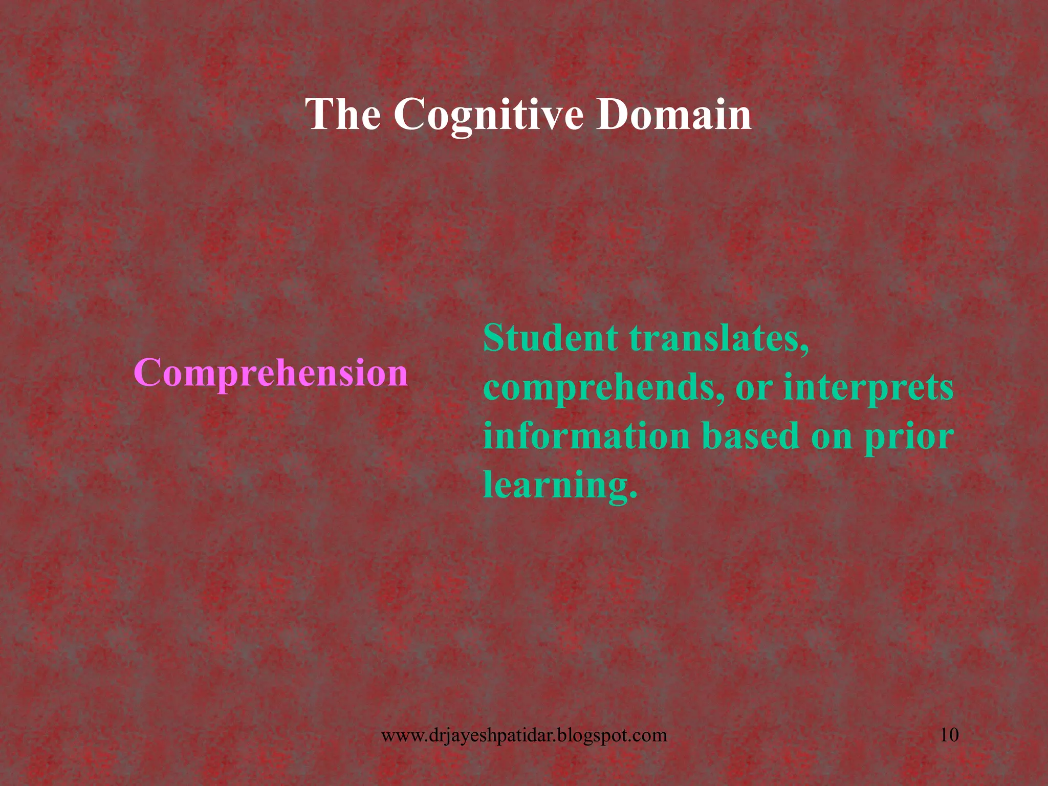 The Cognitive Domain
Comprehension
Student translates,
comprehends, or interprets
information based on prior
learning.
10www.drjayeshpatidar.blogspot.com
 