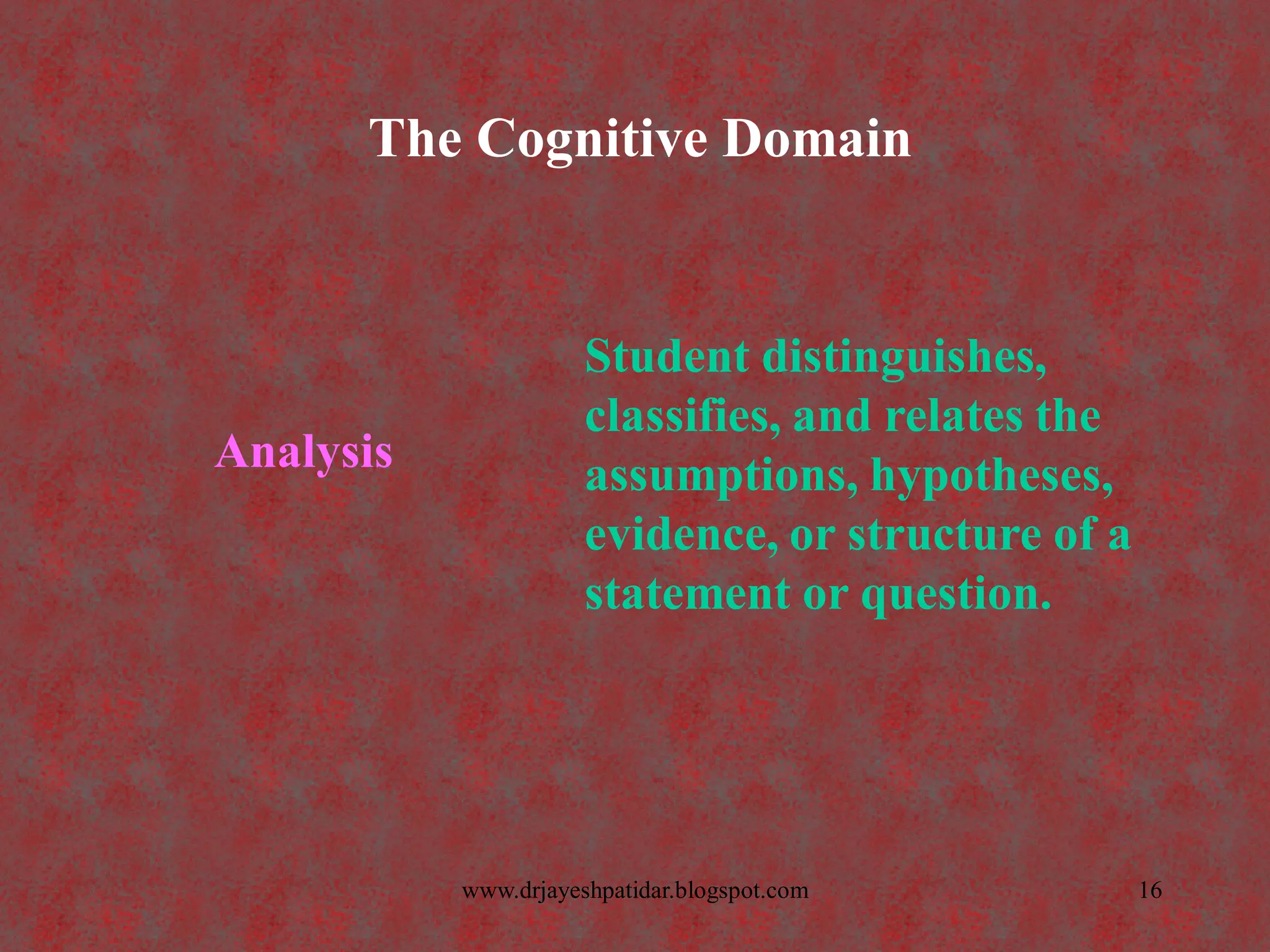 The Cognitive Domain
Analysis
Student distinguishes,
classifies, and relates the
assumptions, hypotheses,
evidence, or structure of a
statement or question.
16www.drjayeshpatidar.blogspot.com
 