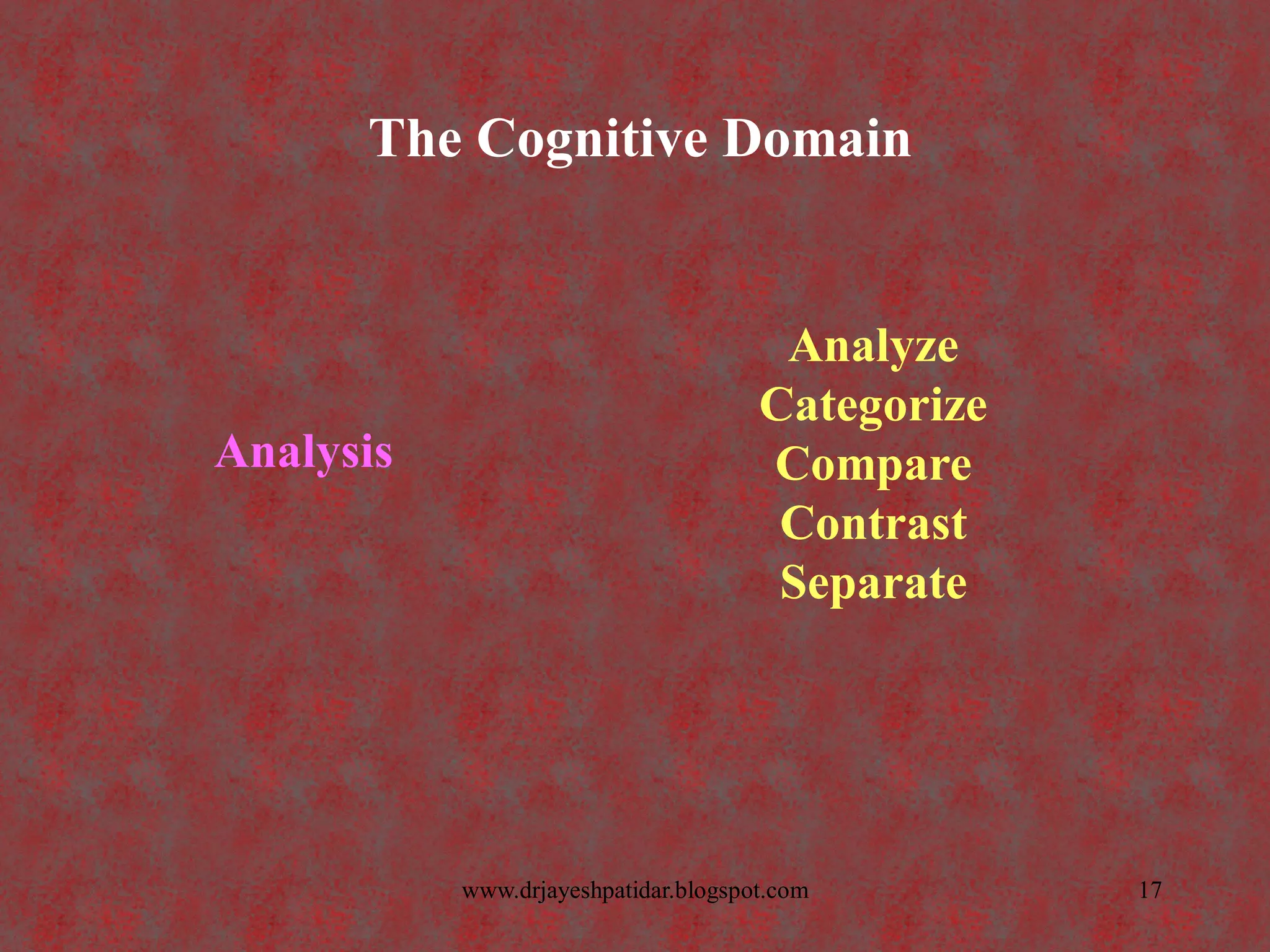 The Cognitive Domain
Analysis
Analyze
Categorize
Compare
Contrast
Separate
17www.drjayeshpatidar.blogspot.com
 