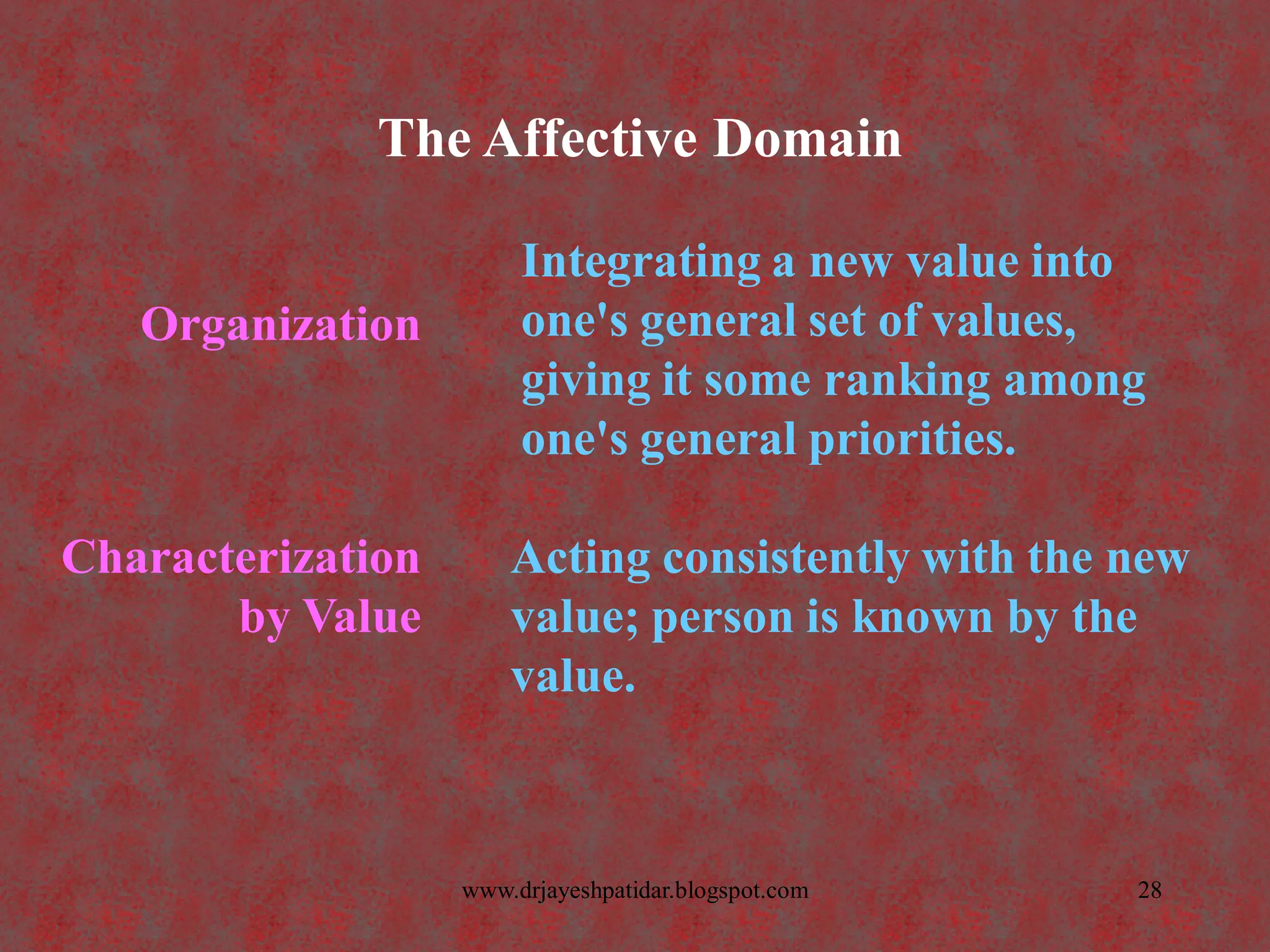 The Affective Domain
Organization
Integrating a new value into
one's general set of values,
giving it some ranking among
one's general priorities.
Characterization
by Value
Acting consistently with the new
value; person is known by the
value.
28www.drjayeshpatidar.blogspot.com
 