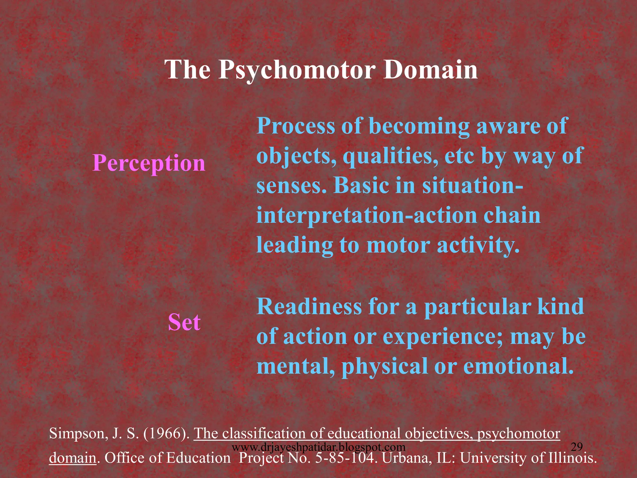 The Psychomotor Domain
Perception
Process of becoming aware of
objects, qualities, etc by way of
senses. Basic in situation-
interpretation-action chain
leading to motor activity.
Set
Readiness for a particular kind
of action or experience; may be
mental, physical or emotional.
Simpson, J. S. (1966). The classification of educational objectives, psychomotor
domain. Office of Education Project No. 5-85-104. Urbana, IL: University of Illinois.
29www.drjayeshpatidar.blogspot.com
 