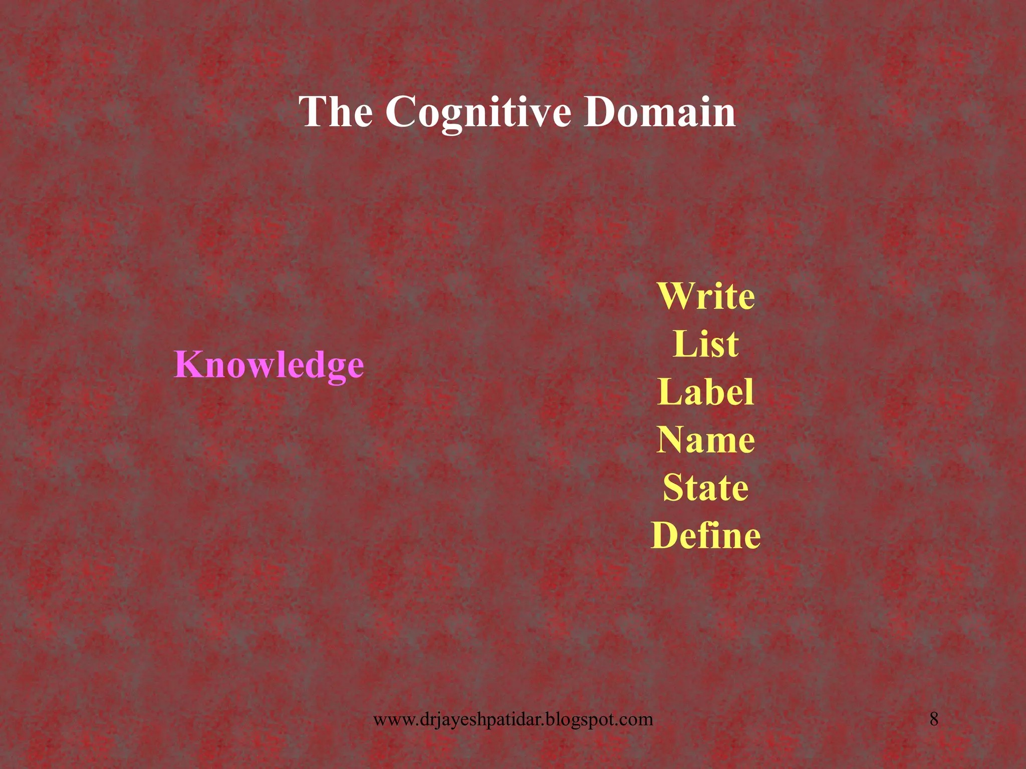 The Cognitive Domain
Knowledge
Write
List
Label
Name
State
Define
8www.drjayeshpatidar.blogspot.com
 