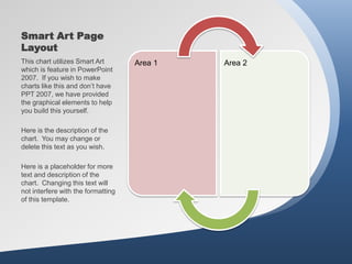 Smart Art Page
Layout
This chart utilizes Smart Art       Area 1   Area 2
which is feature in PowerPoint
2007. If you wish to make
charts like this and don’t have
PPT 2007, we have provided
the graphical elements to help
you build this yourself.

Here is the description of the
chart. You may change or
delete this text as you wish.

Here is a placeholder for more
text and description of the
chart. Changing this text will
not interfere with the formatting
of this template.
 