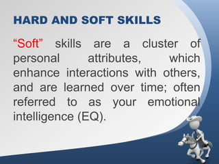 HARD AND SOFT SKILLS

“Soft” skills are a cluster of
personal       attributes, which
enhance interactions with others,
and are learned over time; often
referred to as your emotional
intelligence (EQ).
 