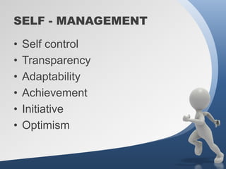 SELF - MANAGEMENT

•   Self control
•   Transparency
•   Adaptability
•   Achievement
•   Initiative
•   Optimism
 