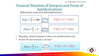 3.1 Integration of Functions
Differentiate each of the following functions.
𝐹′ 𝑥 = 𝑥2 = 𝑓 𝑥
𝐹′(𝑥) = 𝑥2 = 𝑓 𝑥
𝐹 𝑥 =
𝑥3
3
− 3
𝐹(𝑥) =
𝑥3
3
+ 100
• In fact, for any constant c, we have
𝐹(𝑥) =
𝑥3
3
+ 𝑐 𝐹′ 𝑥 = 𝑥2 = 𝑓 𝑥
• Therefore, all the functions 𝐹 above are antiderivatives of 𝑓 .
General Notation of Integral and Form of
Antiderivatives
derivative
derivative
derivative
antiderivative
antiderivative
antiderivative
 