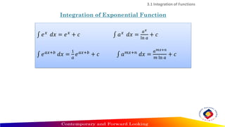 3.1 Integration of Functions
Integration of Exponential Function
‫׬‬ 𝑒𝑥
𝑑𝑥 = 𝑒𝑥
+ 𝑐 ‫׬‬ 𝑎𝑥
𝑑𝑥 =
𝑎𝑥
ln 𝑎
+ 𝑐
‫׬‬ 𝑒𝑎𝑥+𝑏 𝑑𝑥 =
1
𝑎
𝑒𝑎𝑥+𝑏 + 𝑐 ‫׬‬ 𝑎𝑚𝑥+𝑛 𝑑𝑥 =
𝑎𝑚𝑥+𝑛
𝑚 ln 𝑎
+ 𝑐
 