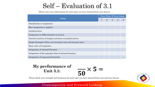 Self – Evaluation of 3.1
Items
Very Poor  Very Good
1 2 3 4 5
Introduction to integration
How integration is applied
Antiderivative
Integration as differentiation in reverse
General notation of integral and form of antiderivatives
Simple Example of flow rate (constant rate and increase rate)
Basic rules of integration
Integration of rational Function
Integration of the improper form of rational function
Integration of exponential function
Please rate your achievement for each topic you have learned from your lecture.
My performance of
Unit 3.1:
𝟓𝟎
× 𝟓 =
Please check your strength and weakness for each topic you have learned from your previous lecture.
 
