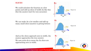 SLICES
We could calculate the function at a few
points and add up slices of width Δx like this
(but the answer won't be very accurate):
We can make Δx a lot smaller and add up
many small slices (answer is getting better):
And as the slices approach zero in width, the
answer approaches the true answer.
We now write dx to mean the Δx slices are
approaching zero in width.
Figure 2a
Figure 2b
Figure 2c
 