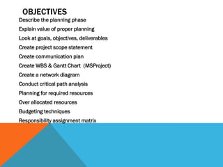 OBJECTIVES
Describe the planning phase
Explain value of proper planning
Look at goals, objectives, deliverables
Create project scope statement
Create communication plan
Create WBS & Gantt Chart (MSProject)
Create a network diagram
Conduct critical path analysis
Planning for required resources
Over allocated resources
Budgeting techniques
Responsibility assignment matrix
 