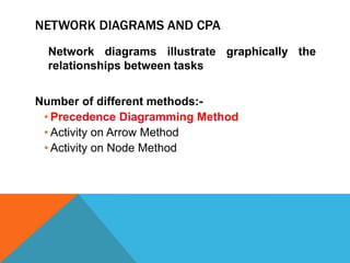 NETWORK DIAGRAMS AND CPA
  Network diagrams illustrate graphically the
  relationships between tasks


Number of different methods:-
 • Precedence Diagramming Method
 • Activity on Arrow Method
 • Activity on Node Method
 