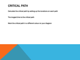 CRITICAL PATH
Calculate the critical path by adding up the durations on each path


The longest time is the critical path


Mark the critical path in a different colour on your diagram
 