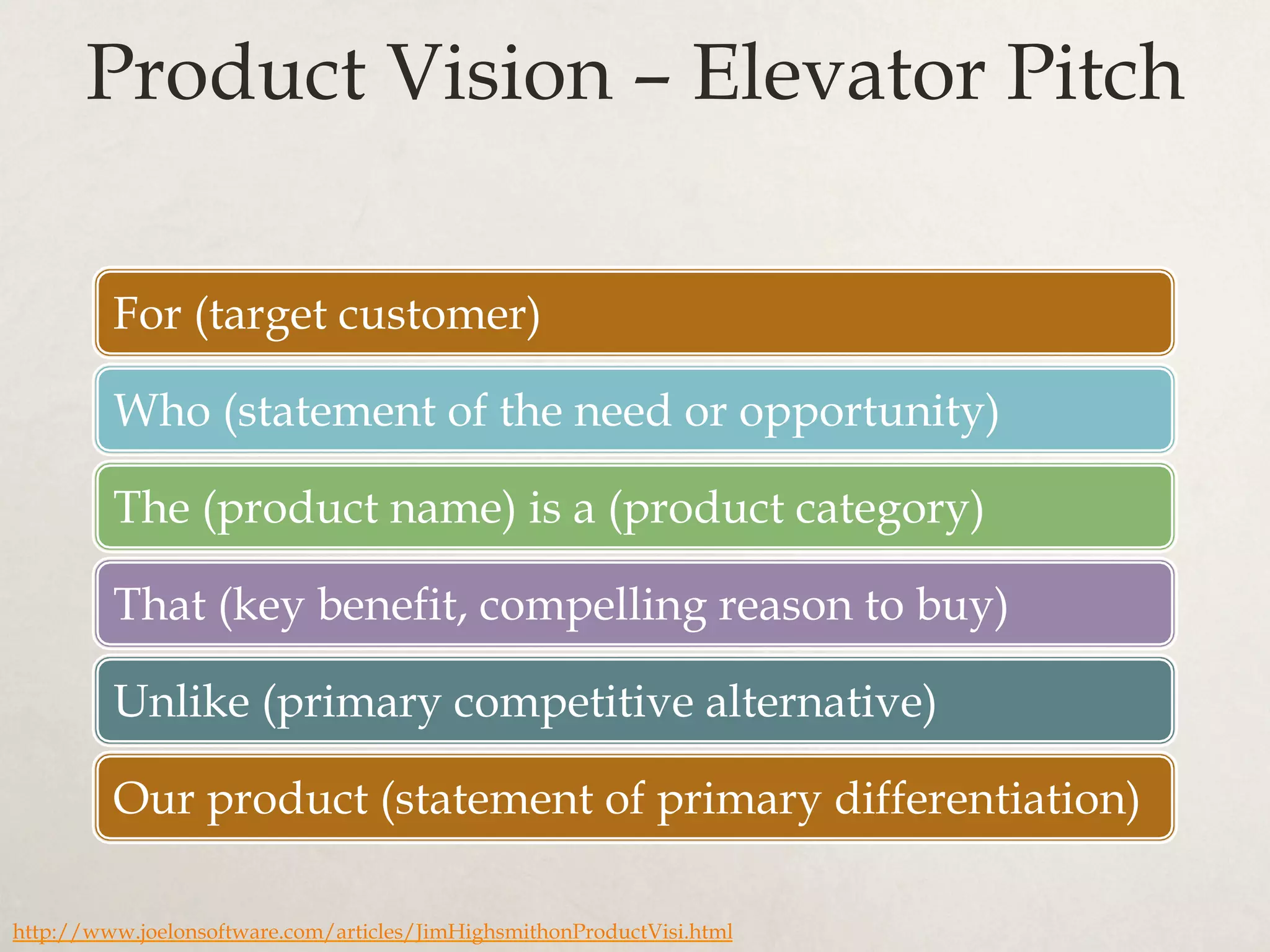 Product Vision – Elevator Pitch
For (target customer)
Who (statement of the need or opportunity)
The (product name) is a (product category)
That (key benefit, compelling reason to buy)
Unlike (primary competitive alternative)
Our product (statement of primary differentiation)
http://www.joelonsoftware.com/articles/JimHighsmithonProductVisi.html
 