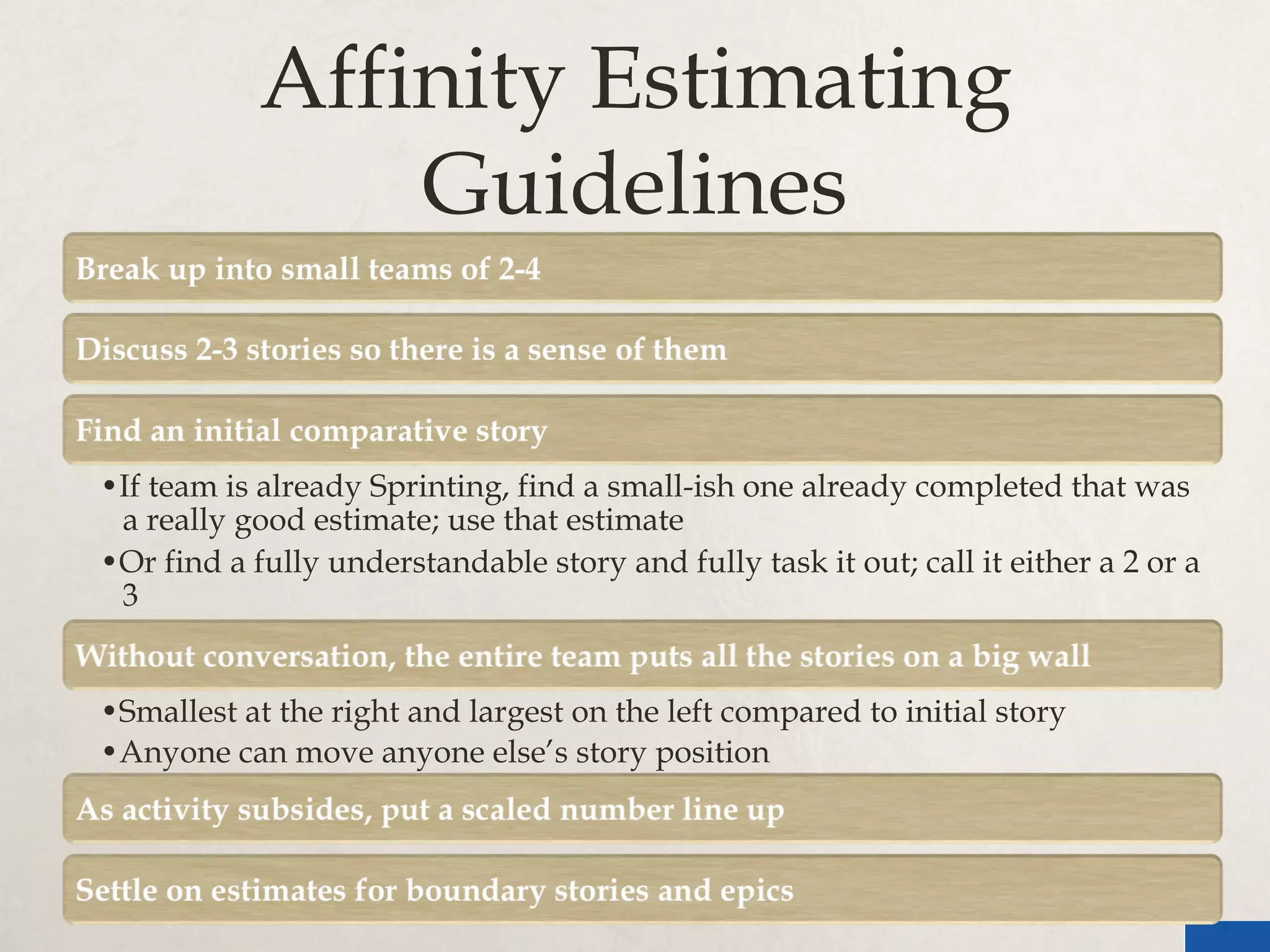 Affinity Estimating
Guidelines
• If team is already Sprinting, find a small-ish one already completed that was
a really good estimate; use that estimate
• Or find a fully understandable story and fully task it out; call it either a 2 or a
3
• Smallest at the right and largest on the left compared to initial story
• Anyone can move anyone else’s story position
 