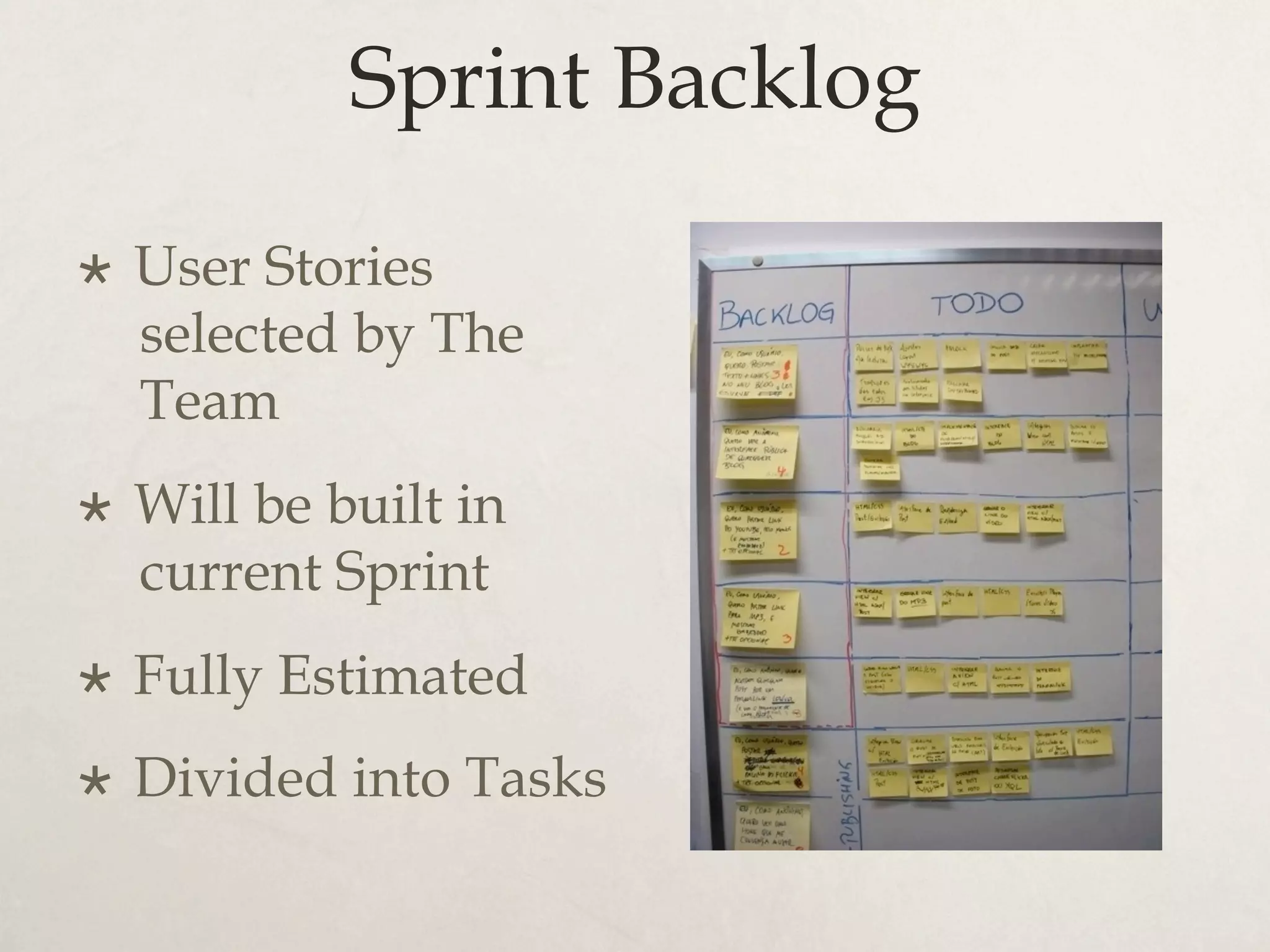 Sprint Backlog
×  User Stories
selected by The
Team
×  Will be built in
current Sprint
×  Fully Estimated
×  Divided into Tasks
 