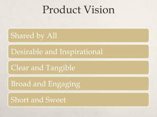 Product Vision
Shared by All
Desirable and Inspirational
Clear and Tangible
Broad and Engaging
Short and Sweet
 