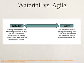 Waterfall vs. Agile
http://www.isixsigma.com/new-to-six-sigma/design-for-six-sigma-dfss/doing-some-software-six-sigma-and-agile-
%E2%90%98mythbusting%E2%90%99/
 