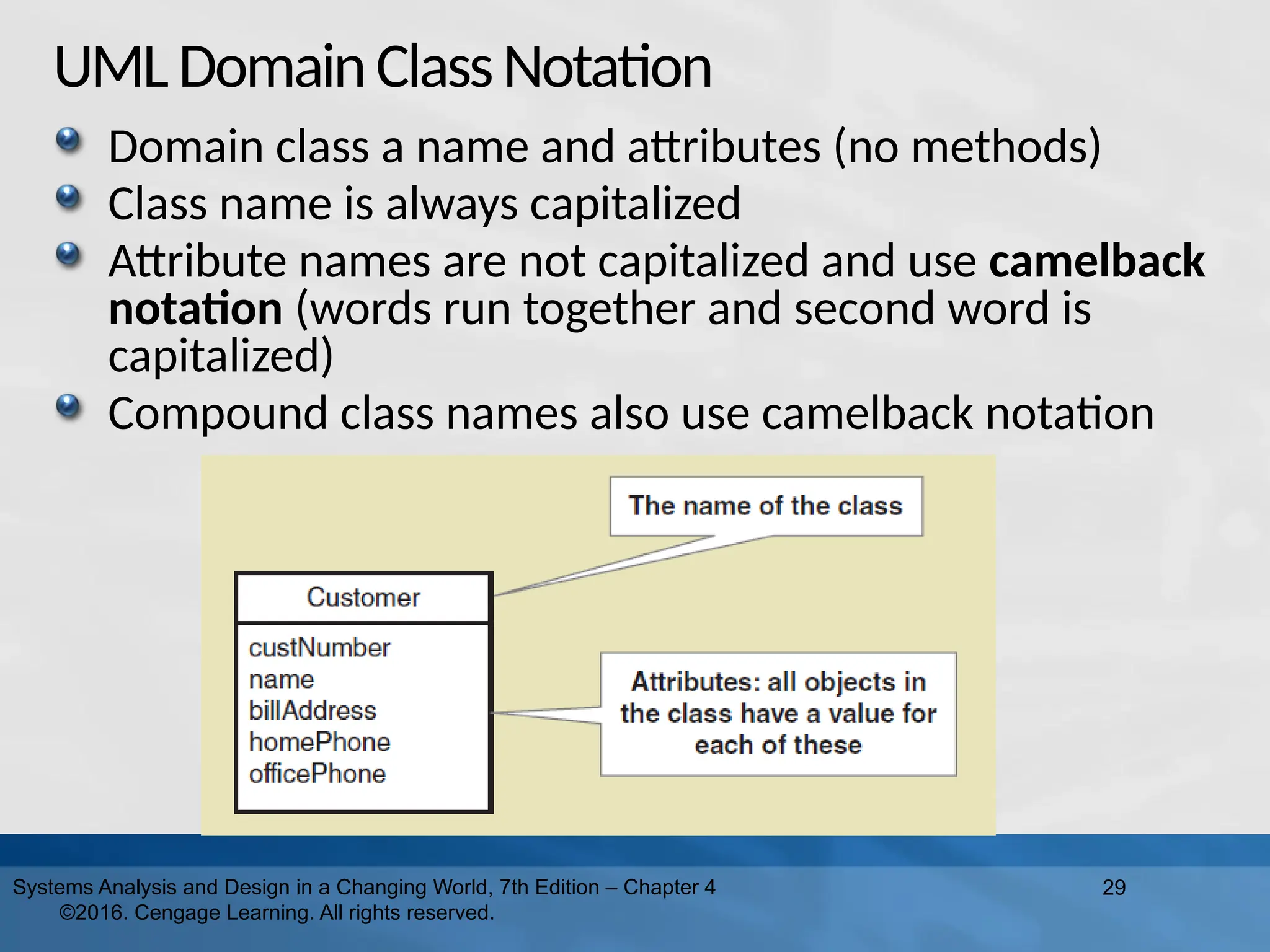 UMLDomainClassNotation
Domain class a name and attributes (no methods)
Class name is always capitalized
Attribute names are not capitalized and use camelback
notation (words run together and second word is
capitalized)
Compound class names also use camelback notation
29
Systems Analysis and Design in a Changing World, 7th Edition – Chapter 4
©2016. Cengage Learning. All rights reserved.
 