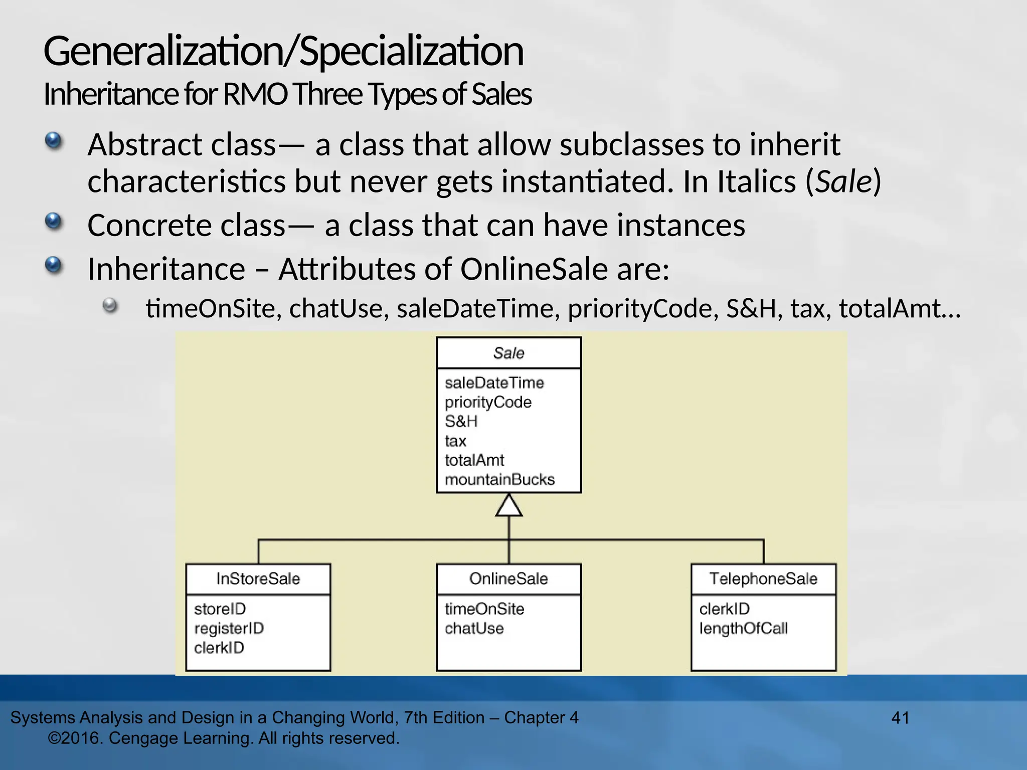 Generalization/Specialization
InheritanceforRMOThreeTypesofSales
Abstract class— a class that allow subclasses to inherit
characteristics but never gets instantiated. In Italics (Sale)
Concrete class— a class that can have instances
Inheritance – Attributes of OnlineSale are:
timeOnSite, chatUse, saleDateTime, priorityCode, S&H, tax, totalAmt…
41
Systems Analysis and Design in a Changing World, 7th Edition – Chapter 4
©2016. Cengage Learning. All rights reserved.
 